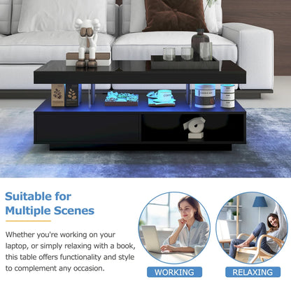 High Gloss LED Coffee Table – Modern Wooden Rectangle Centre Table with LED Lights, Side End Table for Living Room, 95 × 50 × 42.5 cm