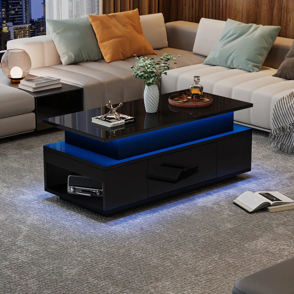 Lift-Top Coffee Table, Highgloss Centre Table with 1 drawers & LED lights, Hidden storage space, Tea Table,96*45*40m, black