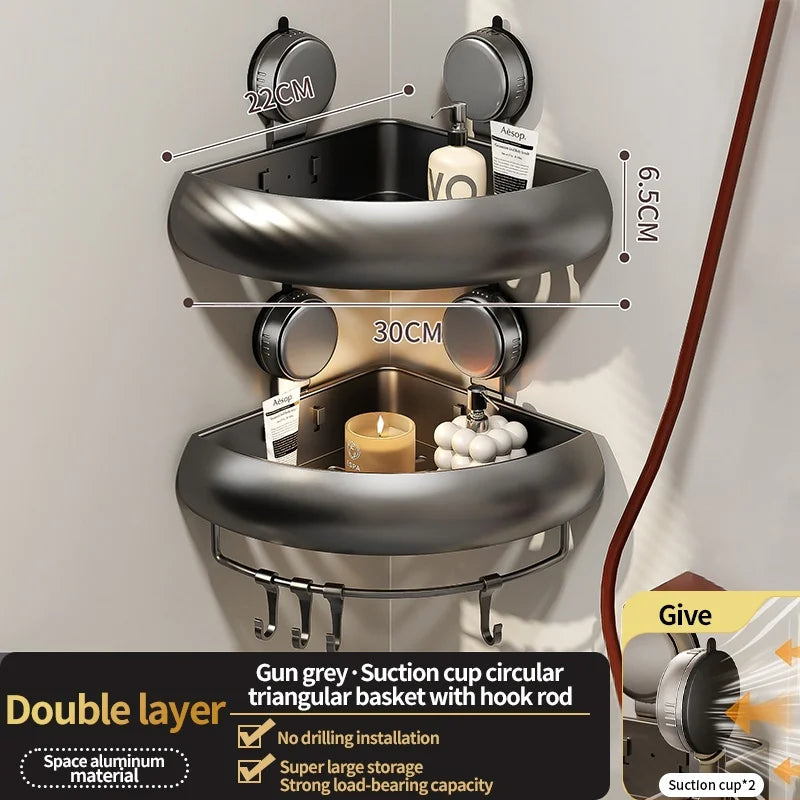 Wall-Mounted Suction Cup Bathroom Corner Storage Shelf – No-Drill Triangle Organizer Rack for Shower, Toilet & Washstand