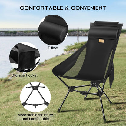 WESTTUNE Lightweight Folding High Back Camping Chair with Head Support Portable Compact Outdoor Travel Picnic Beach Longue Chair