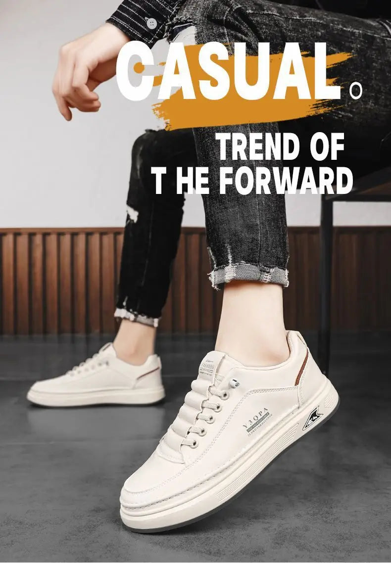 Men's White Platform Sneakers 2026 Autumn Breathable PU Thick Sole Casual Daily Streetwear Korean Style Footwear