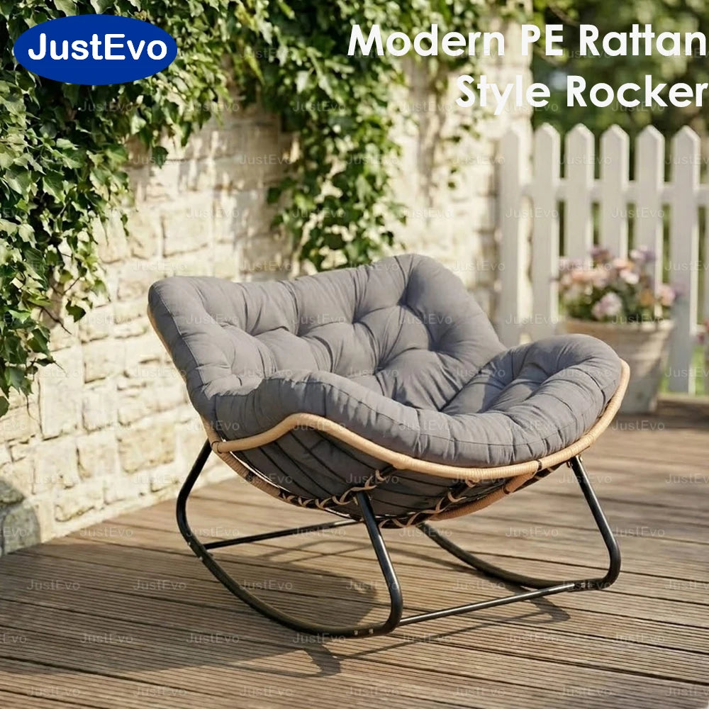JustEvo Oversized Patio Rocking Chair with Thick Cushion, PE Wicker Outdoor Lounge Chair, Sturdy Metal Frame Garden Seating for Garden, Balcony, and Porch