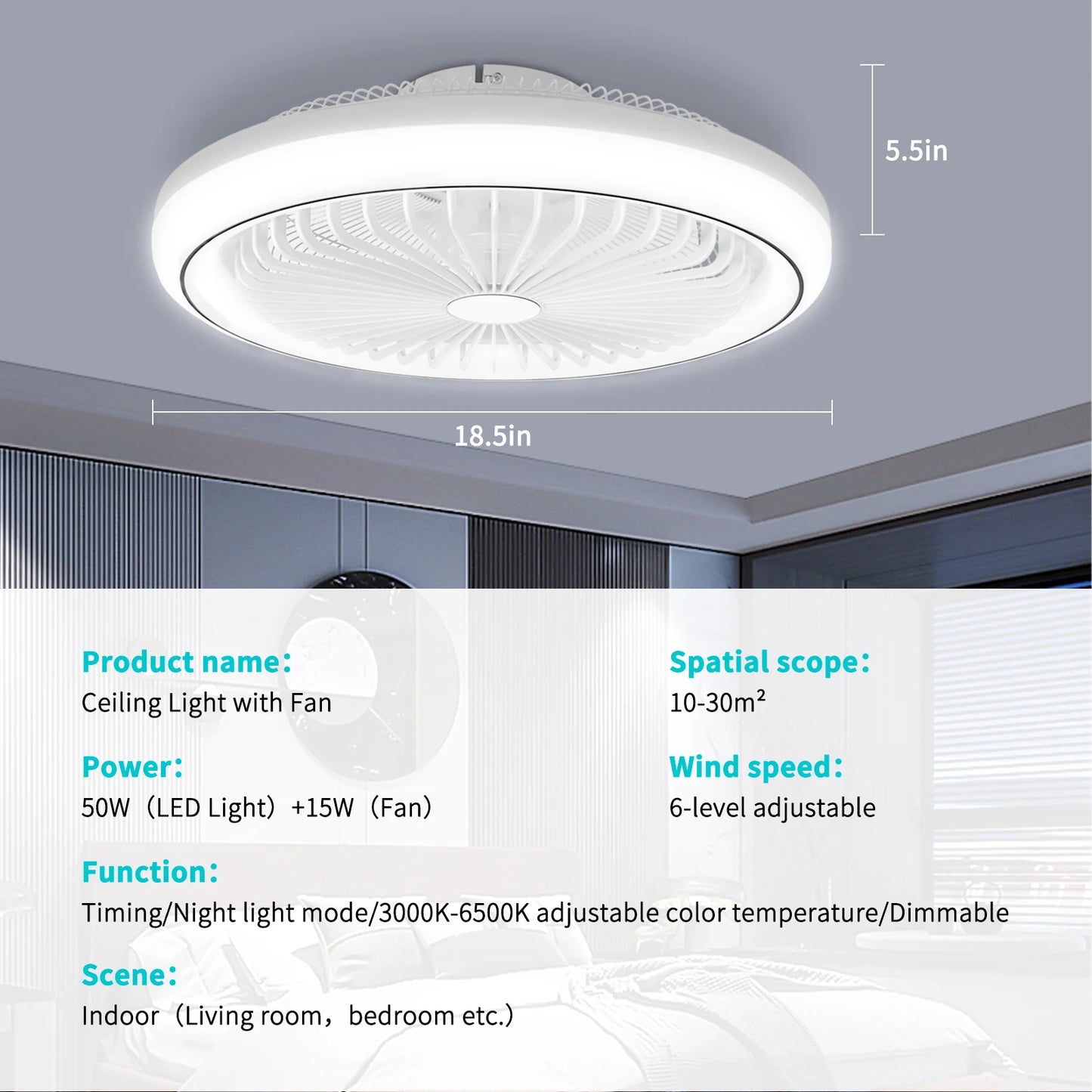LED Ceiling Fan Light Bladeless Modern Quiet Powerful Airflow with Remote Control Adjustable Brightness for Living Room Kitchen