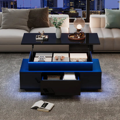 Lift-Top Coffee Table, Highgloss Centre Table with 1 drawers & LED lights, Hidden storage space, Tea Table,96*45*40m, black