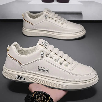 Men's White Platform Sneakers 2026 Autumn Breathable PU Thick Sole Casual Daily Streetwear Korean Style Footwear