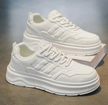 2026 Summer Men's White Platform Sneakers Leather Casual Shoes Thick Sole Streetwear Trendy Footwear