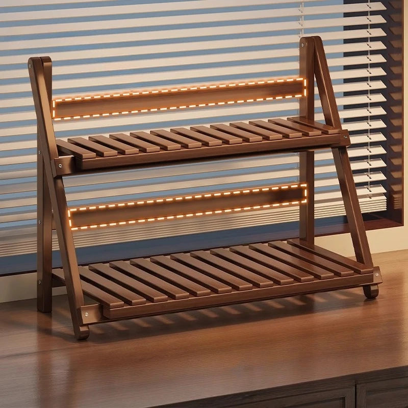 Double-layer Multifunctional Desktop Storage Rack Staircase-shaped Bamboo Storage Rack with Guard Strips Kitchen Storage Rack