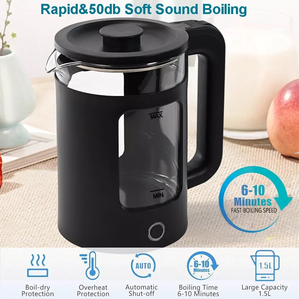2L Electric Glass Kettle Fast Boiling Function Illuminated Blue LED Quiet Boiling Water Heater for Kitchen