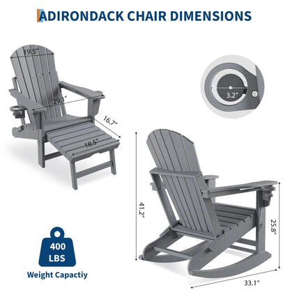 Rocking Chairs Folding  With Footrest, Adirondack RockingChair Outdoor With Retractable Ottoman and Cup Holder