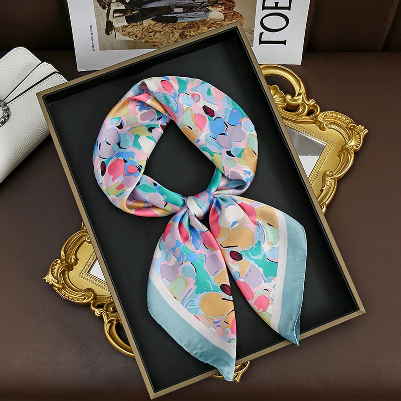 60Colors Luxury Scarf Women 70*70Cm Silk Feel Square Hair Wrapping Foulard Satin Shawl Big Size Head Bandana Hijab Handkerchief