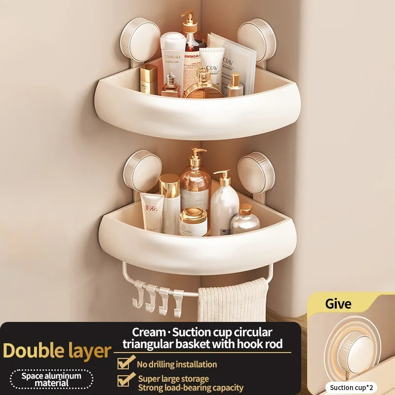 Wall-Mounted Suction Cup Bathroom Corner Storage Shelf – No-Drill Triangle Organizer Rack for Shower, Toilet & Washstand