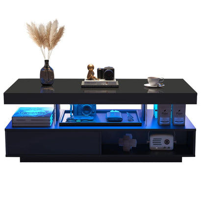 High Gloss LED Coffee Table – Modern Wooden Rectangle Centre Table with LED Lights, Side End Table for Living Room, 95 × 50 × 42.5 cm