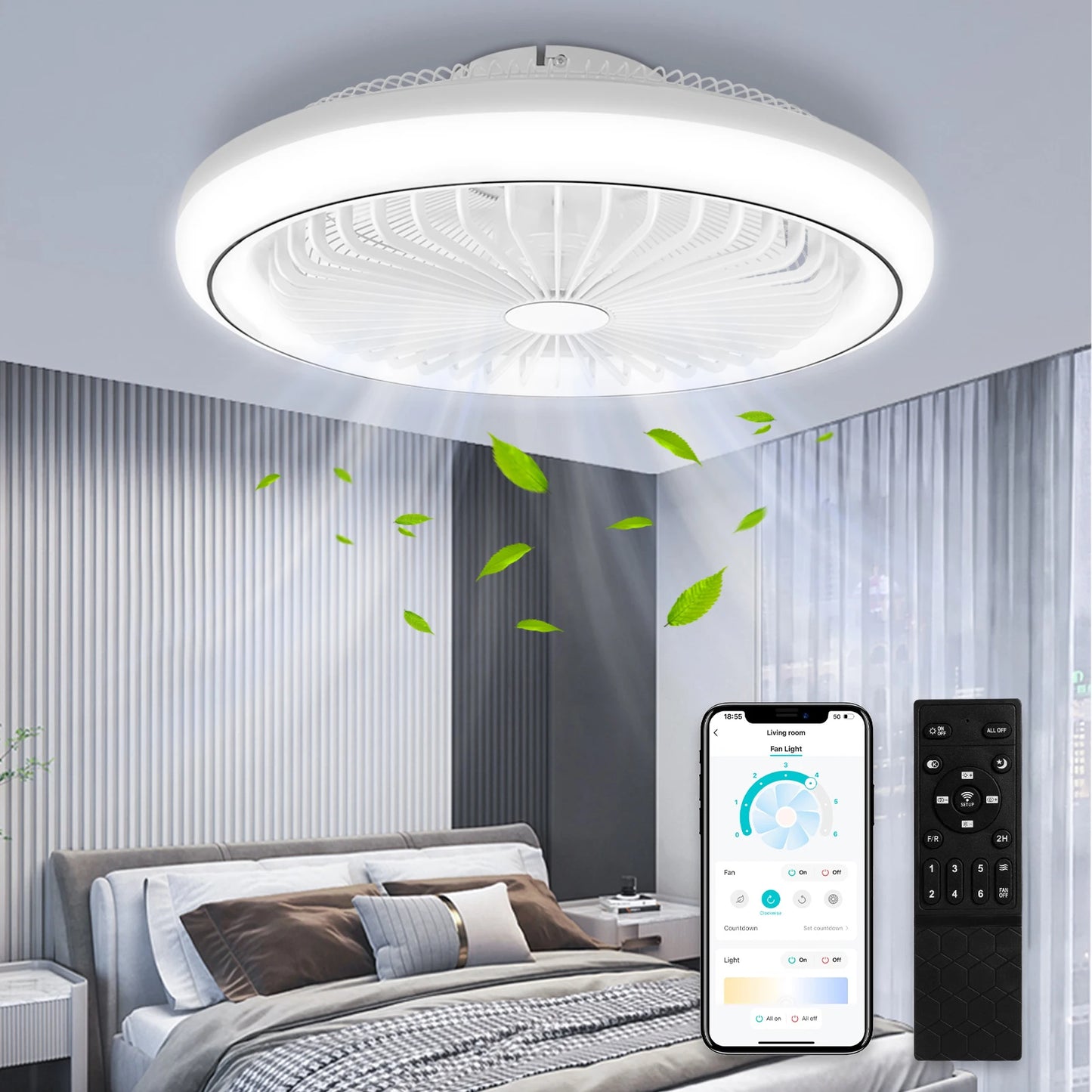 LED Ceiling Fan Light Bladeless Modern Quiet Powerful Airflow with Remote Control Adjustable Brightness for Living Room Kitchen