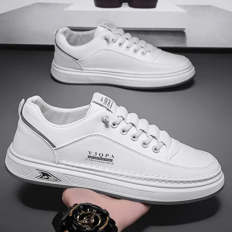 Men's White Platform Sneakers 2026 Autumn Breathable PU Thick Sole Casual Daily Streetwear Korean Style Footwear