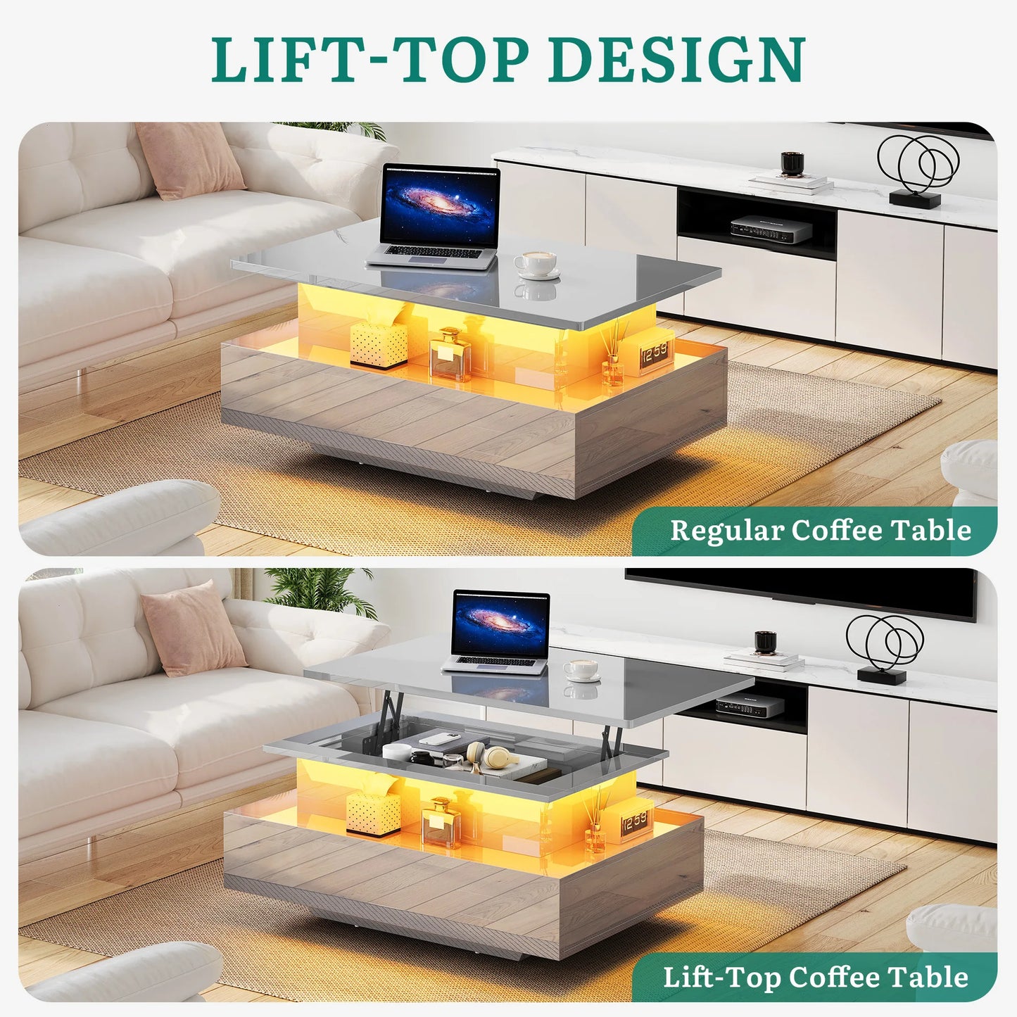 High Gloss Coffee Table with LED Strip, Lift Top, 2 Drawers & Storage, Modern Wooden Rectangle Table for Living Room