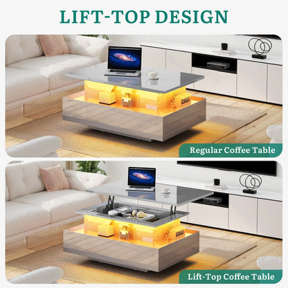 High Gloss Coffee Table with LED Strip, Lift Top, 2 Drawers & Storage, Modern Wooden Rectangle Table for Living Room