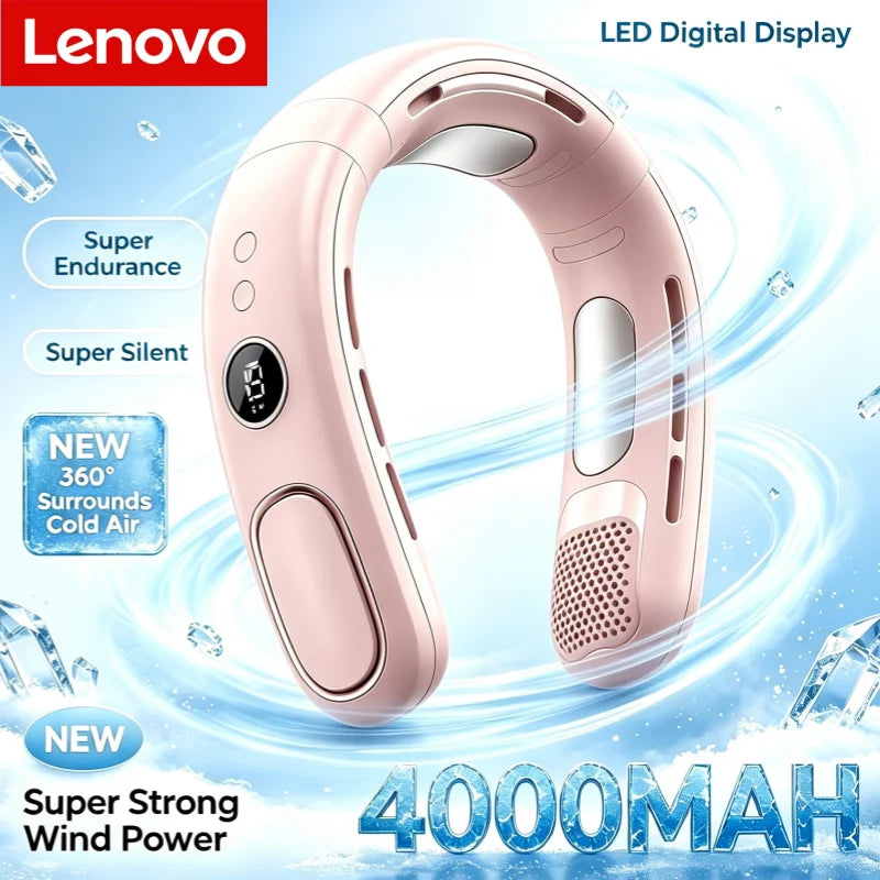 Lenovo Portable Neck Fan Mini Neck Cooler Bladeless Hanging Neck Fan 4000mah Usb Rechargeable IceCooling Fan Led Digital Display