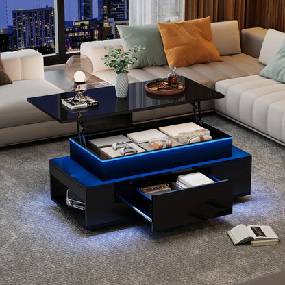 Lift-Top Coffee Table, Highgloss Centre Table with 1 drawers & LED lights, Hidden storage space, Tea Table,96*45*40m, black