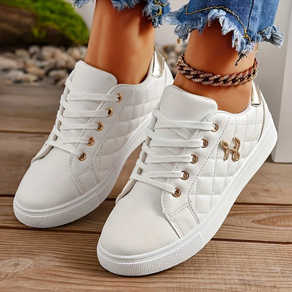 Fashion Lightweight Women's Sneakers - Black, White and Gold Embellished, Lace-Up Low-Top Casual Shoes for All Seasons