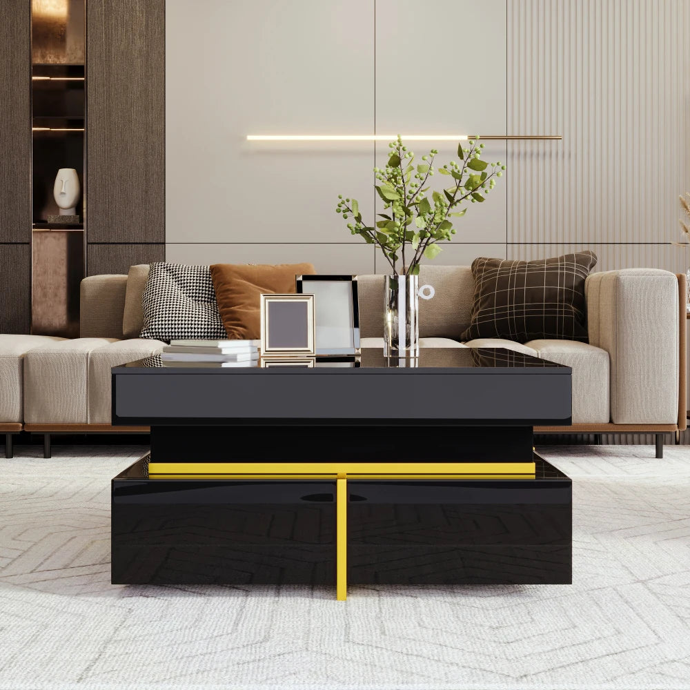 Modern Square High Gloss Coffee Table Decorated with Golden Details, Luxury Coffee Table with Two Storage Drawers, Sturdy Compact Living Room Center Table 70cm