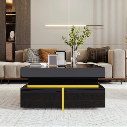 Modern Square High Gloss Coffee Table Decorated with Golden Details, Luxury Coffee Table with Two Storage Drawers, Sturdy Compact Living Room Center Table 70cm