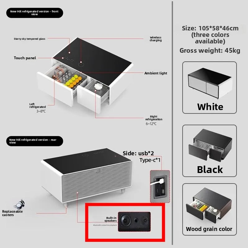 Home Smart Furniture 93L Refrigerator Modern Table Smart Coffee Table with 2 USB Ports Wireless Phone Charging Coffee Tables