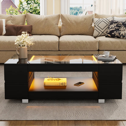 100cm Black LED Coffee Table APP Adjustable RGB Lights Tempered High Gloss Glass Top MDF Frame Storage Cutout Table 30KG Load for Living Room Home Party