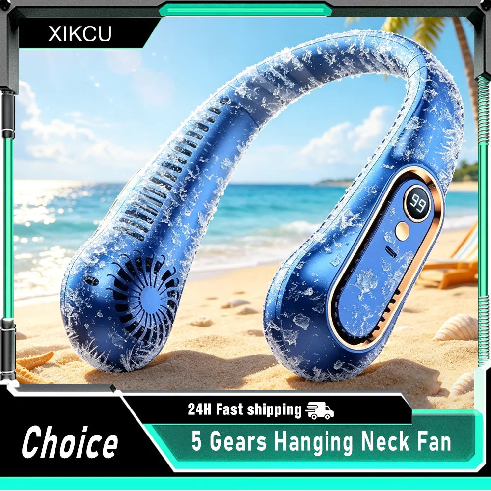 Neck Bladeless Fan Mini Ultra Long Life Portable Lazy Silent Fan USB Charging Student Sports Office Digital Display Power 5 Gear