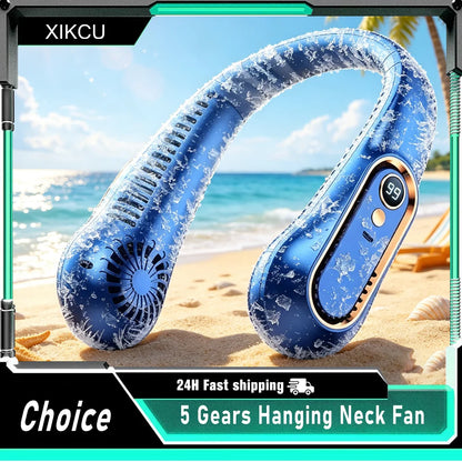 Neck Bladeless Fan Mini Ultra Long Life Portable Lazy Silent Fan USB Charging Student Sports Office Digital Display Power 5 Gear