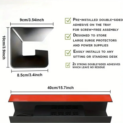 PVC Under Desk Cable Management Tray Large Capacity Easy Installation No Punch Cable Organizer Adhesive Mount Minimalist Design