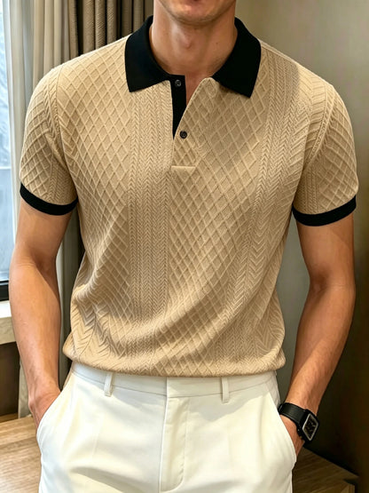 Men's Mature Business Contrast Collar Diamond Jacquard Short Sleeve Polo, Ribbed Collar, 2-Button Placket for Office Commute & B