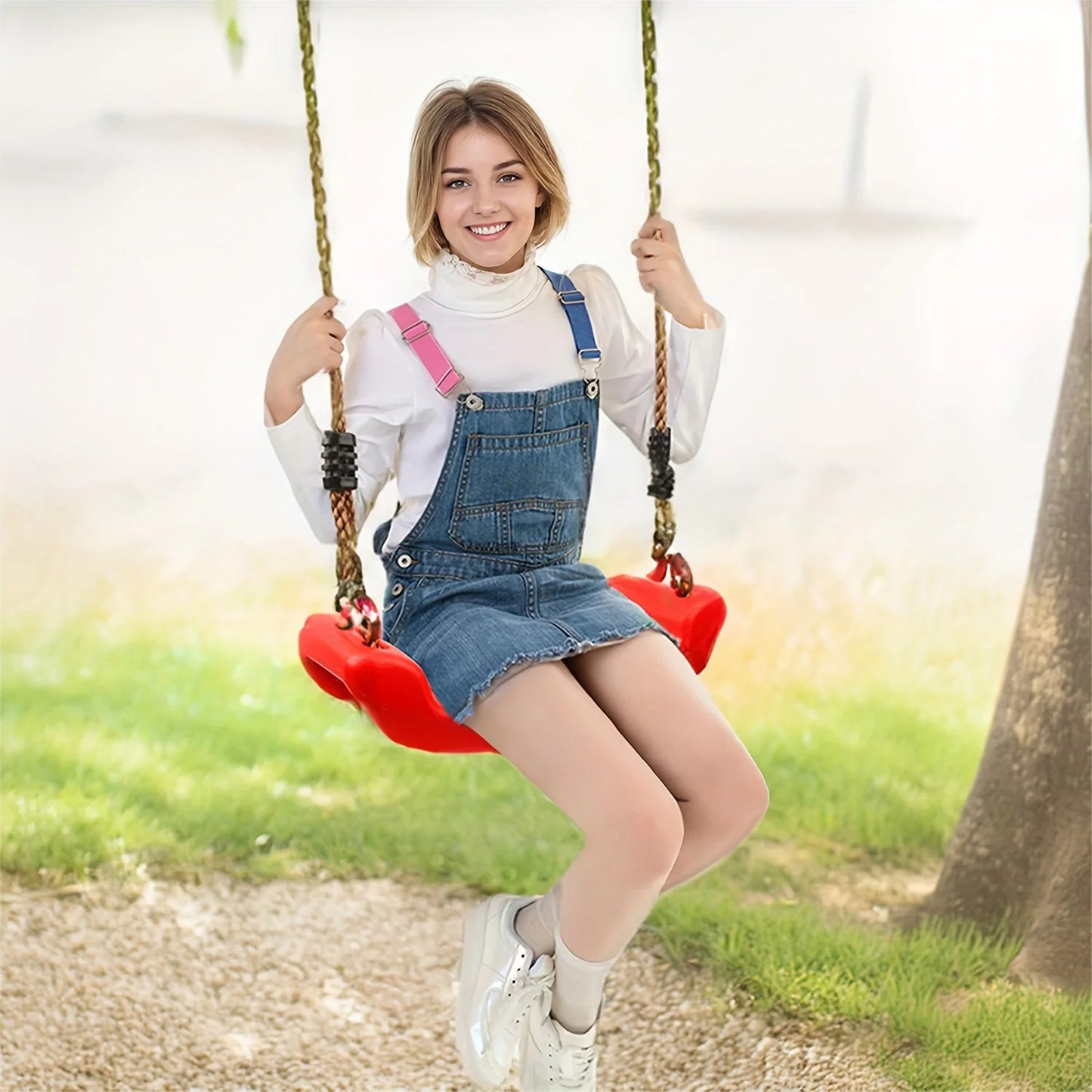 Adjustable Adult Swing Chair for Garden & Patio | No Tools Needed Installation, Soft Rope & Plastic Design | Red Outdoor Hanging