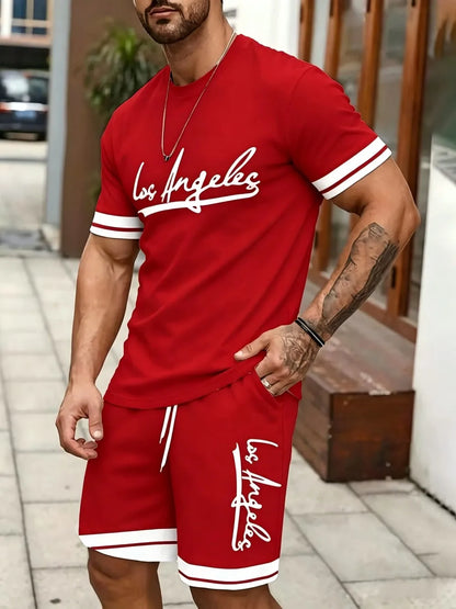 New Men's Summer Gothic Letter Printed Comfortable Breathable Round Neck T-shirt Drawstring Shorts Set Outdoor Casual Wear