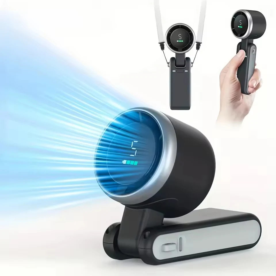 Handheld Folding Fan Type-C Charge Ports Portable Desktop 5level Wind Speed Adjustment Digital Display Electric Fan With Lanyard