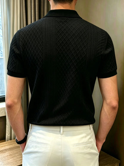 Men's Mature Business Contrast Collar Diamond Jacquard Short Sleeve Polo, Ribbed Collar, 2-Button Placket for Office Commute & B