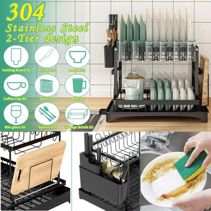 Kitchen countertop 2-tier dish drying rack, kitchen countertop dish drainer with drip tray, metal kitchen dish rack with drip tr