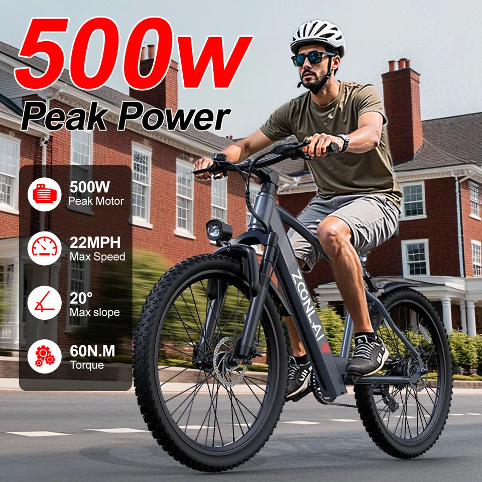Adult Electric Bike with a 500W Motor, 26x1.95 Anti-Slip Tyres, a 36V 10.4Ah Removable Battery, a 7-Speed Gear System, and Unisex Pedal-Assisted Electric Bike