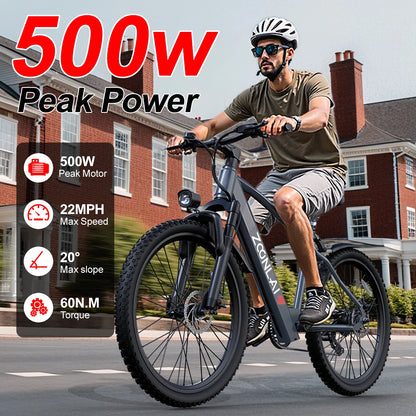 Adult Electric Bike with a 500W Motor, 26x1.95 Anti-Slip Tyres, a 36V 10.4Ah Removable Battery, a 7-Speed Gear System, and Unisex Pedal-Assisted Electric Bike
