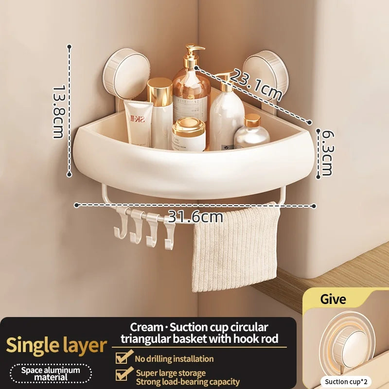 Wall-Mounted Suction Cup Bathroom Corner Storage Shelf – No-Drill Triangle Organizer Rack for Shower, Toilet & Washstand