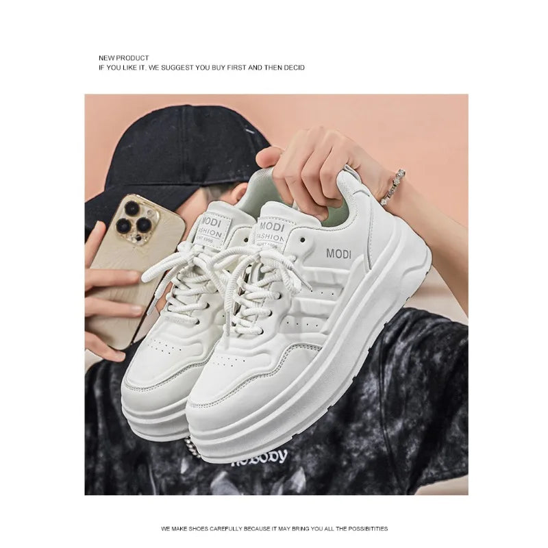 2026 Summer Men's White Platform Sneakers Leather Casual Shoes Thick Sole Streetwear Trendy Footwear