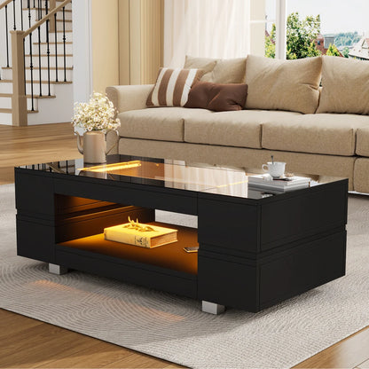 100cm Black LED Coffee Table APP Adjustable RGB Lights Tempered High Gloss Glass Top MDF Frame Storage Cutout Table 30KG Load for Living Room Home Party
