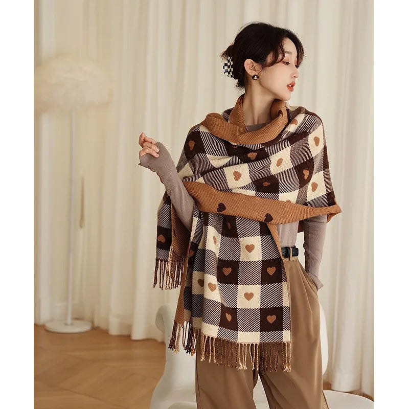 1 Piece of Women's Autumn and Winter Heart-Shaped Scarf, Women's Plaid Comfortable Scarf, Thick Large Blanket Shawl Scarf