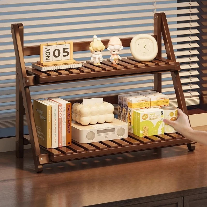 Double-layer Multifunctional Desktop Storage Rack Staircase-shaped Bamboo Storage Rack with Guard Strips Kitchen Storage Rack