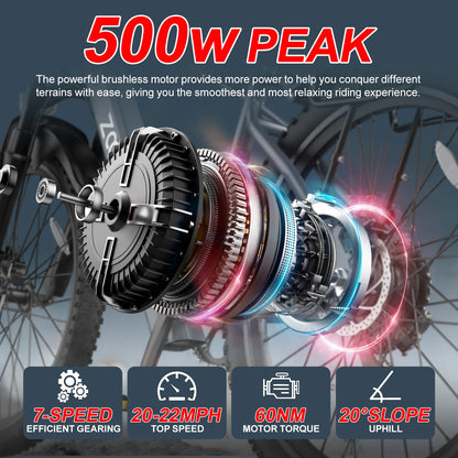 Adult Electric Bike with a 500W Motor, 26x1.95 Anti-Slip Tyres, a 36V 10.4Ah Removable Battery, a 7-Speed Gear System, and Unisex Pedal-Assisted Electric Bike