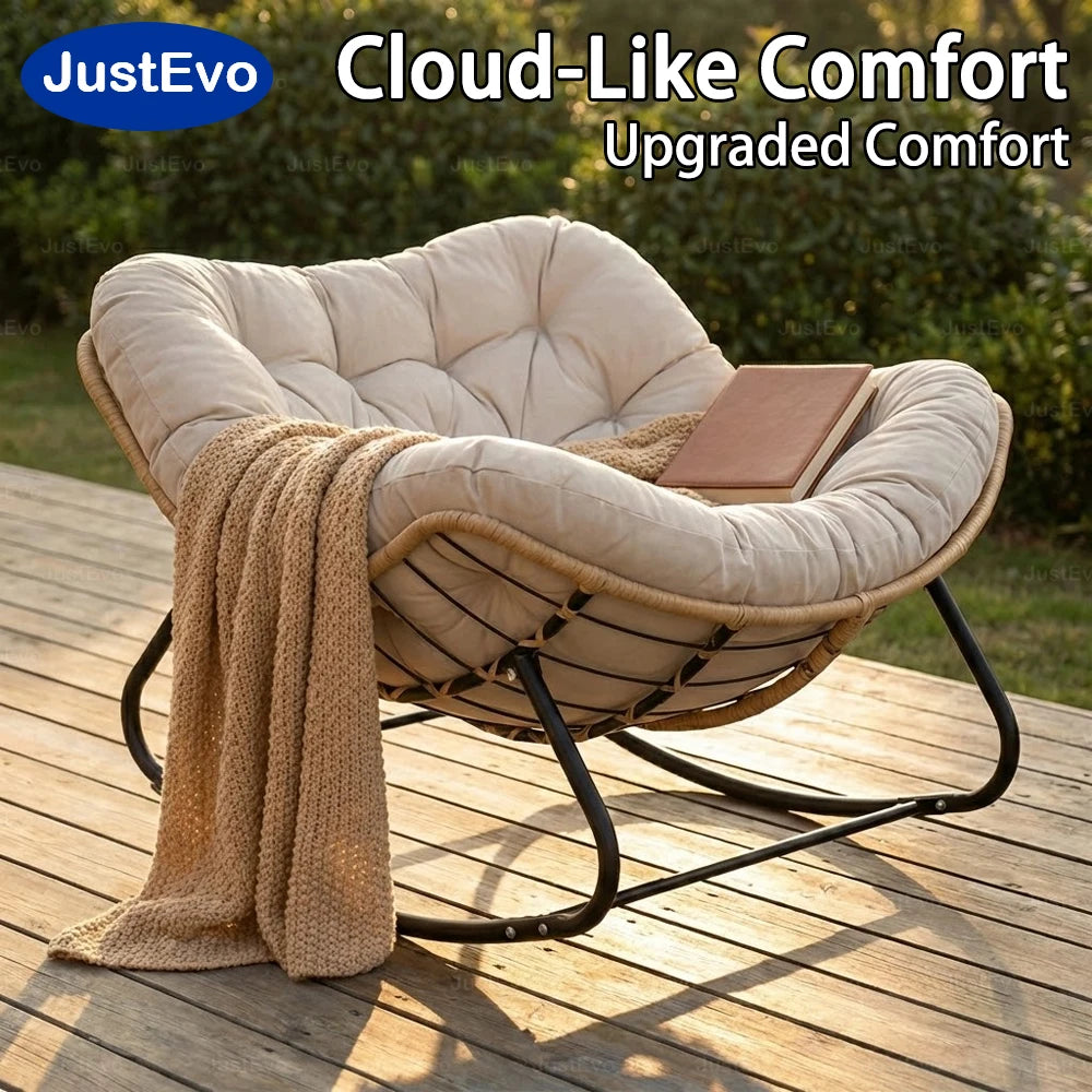 JustEvo Cloud-Like Comfortable Rocking Chair with Extra-Soft Pillow - Outdoor Rattan Garden Furniture for Reading and Relaxation, 4 Petal Support, Modern White Patio Chair.