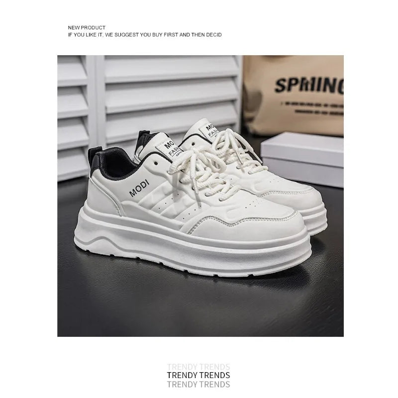 2026 Summer Men's White Platform Sneakers Leather Casual Shoes Thick Sole Streetwear Trendy Footwear