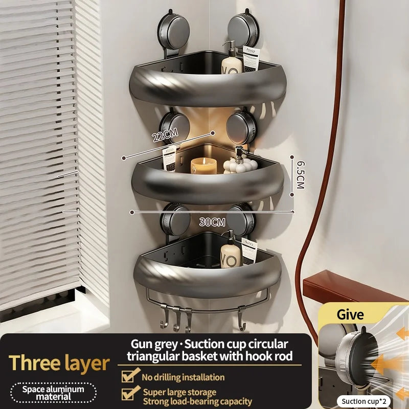 Wall-Mounted Suction Cup Bathroom Corner Storage Shelf – No-Drill Triangle Organizer Rack for Shower, Toilet & Washstand