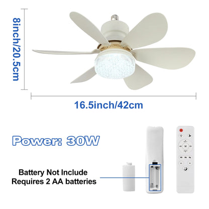 Cordless Light Socket Fan for Kitchen Bedroom Small Room LED Socket Fan Light with Remote Small Ceiling Fan with Light