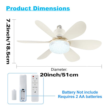 Cordless Light Socket Fan for Kitchen Bedroom Small Room LED Socket Fan Light with Remote Small Ceiling Fan with Light