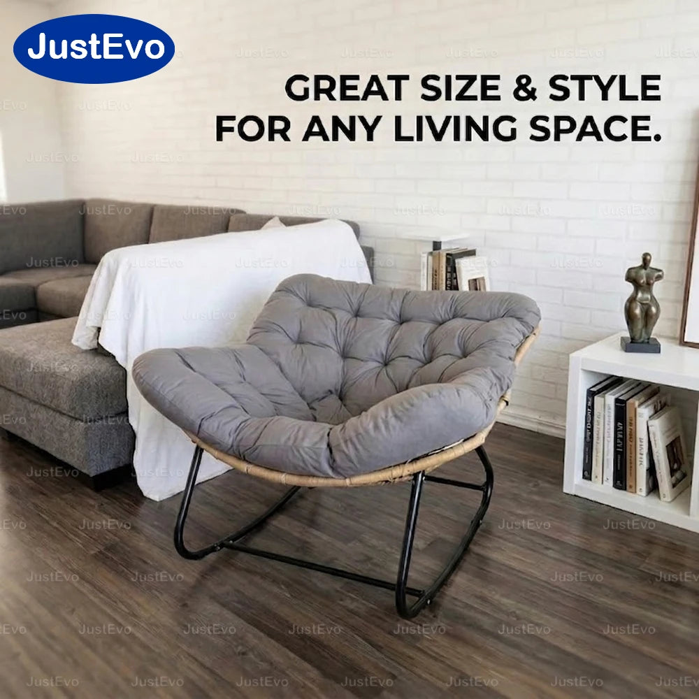 JustEvo Oversized Patio Rocking Chair with Thick Cushion, PE Wicker Outdoor Lounge Chair, Sturdy Metal Frame Garden Seating for Garden, Balcony, and Porch